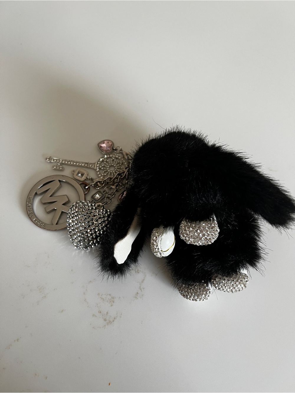 Upcycled Michael Kors Black Fur Bunny Key Charm with Crystal Accents